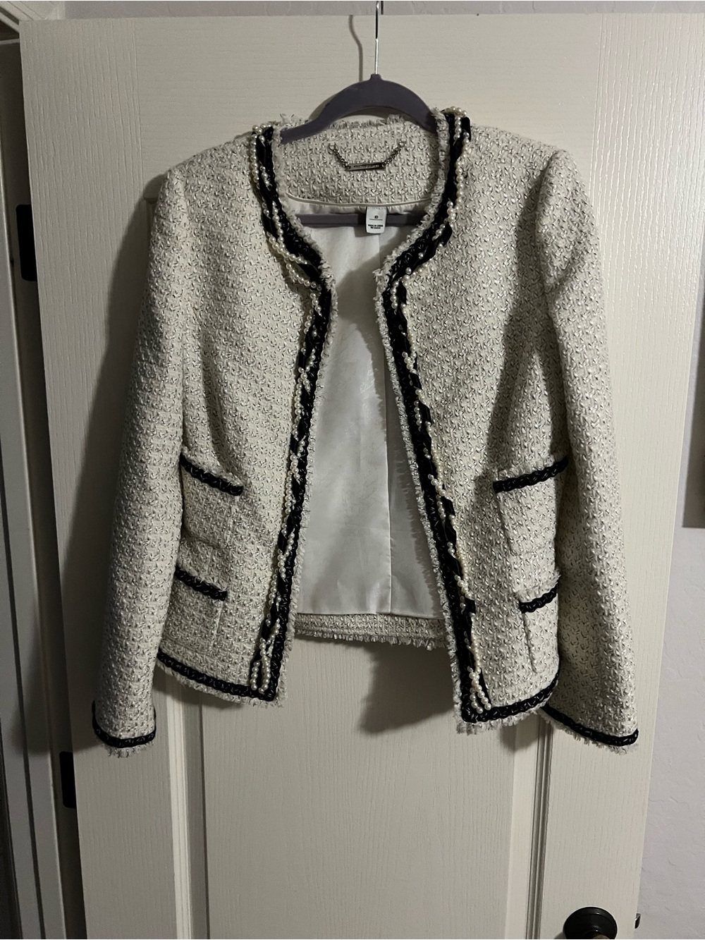 Cream Tweed Open-Front Jacket with Black Trim